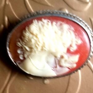 Vtg Cottagecore Faux Ivory & Carnelian Classic Two Women with Bird Cameo Brooch